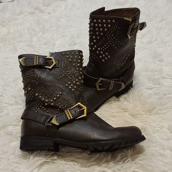 Modern Vice Brown Leather Goldtone Studded Moto Boots Size 7.5 - Picture 1 of 7